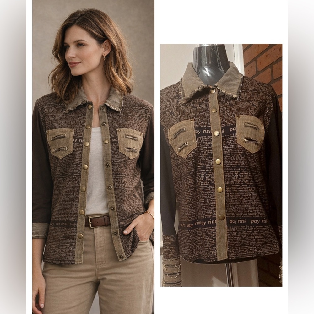 Brown Print Button Shirt Jacket L Vintage Workwear Casual Layer